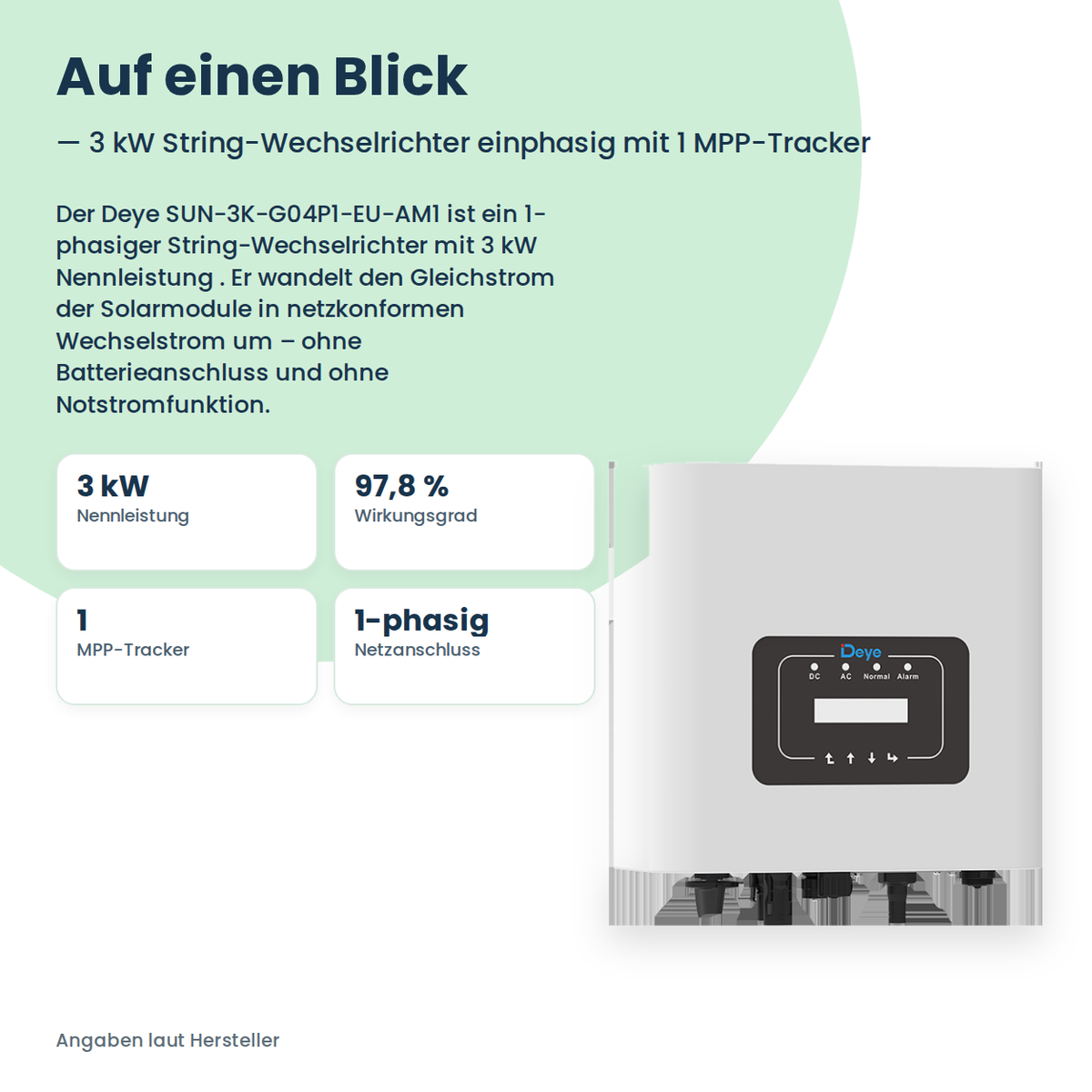 Deye SUN-3K-G04P1-EU-AM1 – 3 kW eenfasige stringomvormer met 1 MPP-tracker