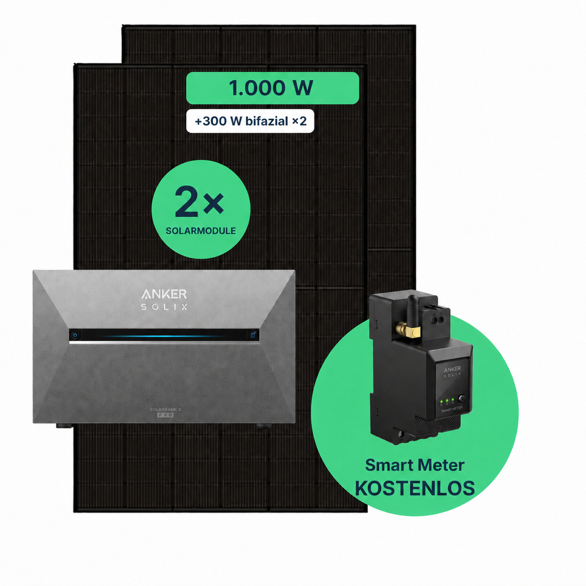 Balkonkraftwerk 1000W Komplettset mit zwei bifazialen Solarmodulen, Anker SOLIX Solarbank 3 Pro und kostenlosem Smart Meter