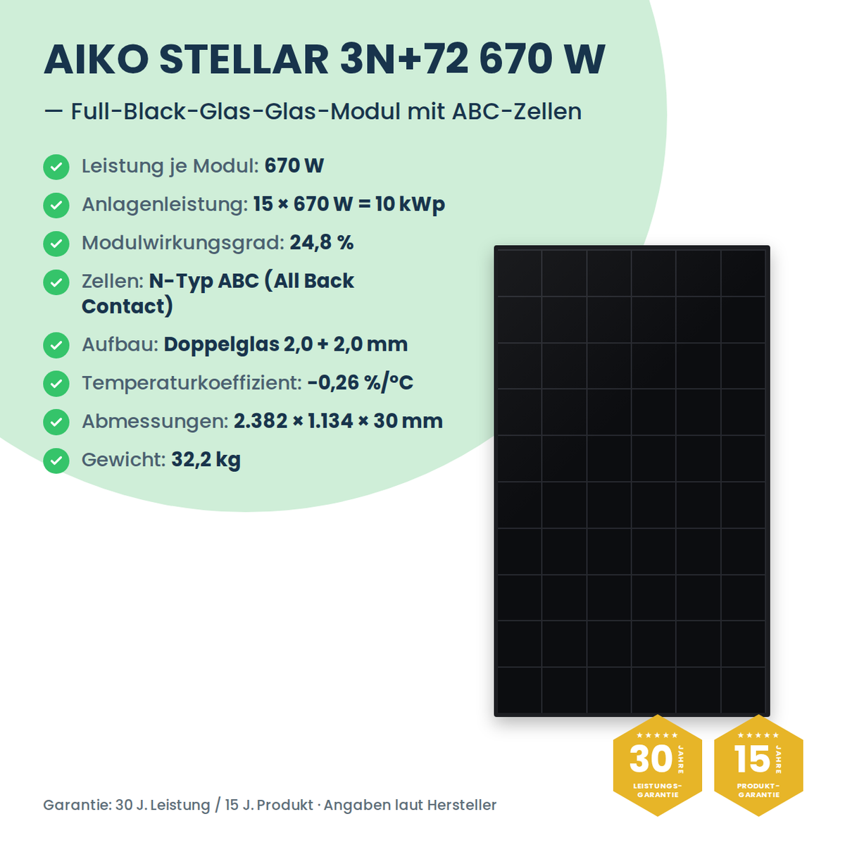 Complete PV-set 10 kWp 3-f. | 15× AIKO STELLAR 670W + Sungrow SH10T + Sungrow SBH100