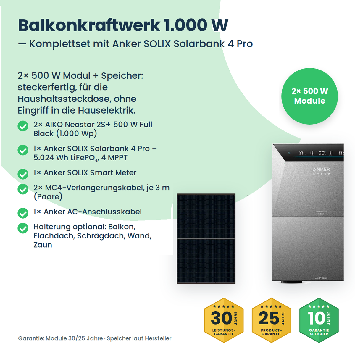 Balkonkraftwerk 1000W mit AIKO-Modulen und Speicher – Lieferumfang des Komplettsets