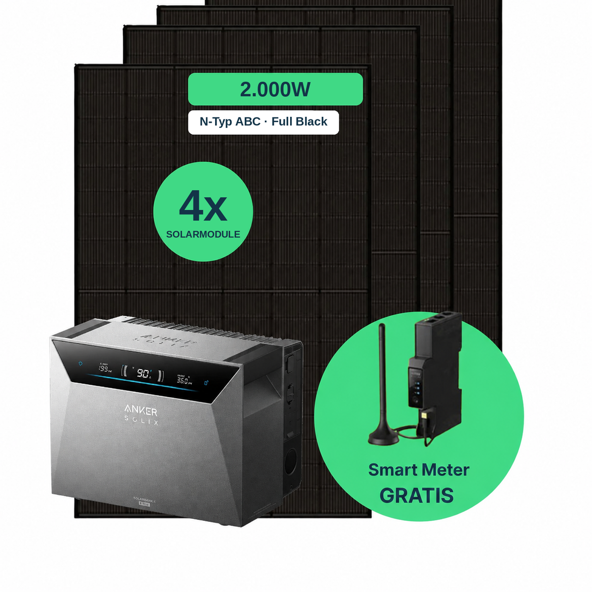 Balkonkraftwerk 2.000 W Komplettset mit 4 Solarmodulen (AIKO 500 W Full Black), Anker SOLIX Solarbank 4 Pro und gratis Smart Meter