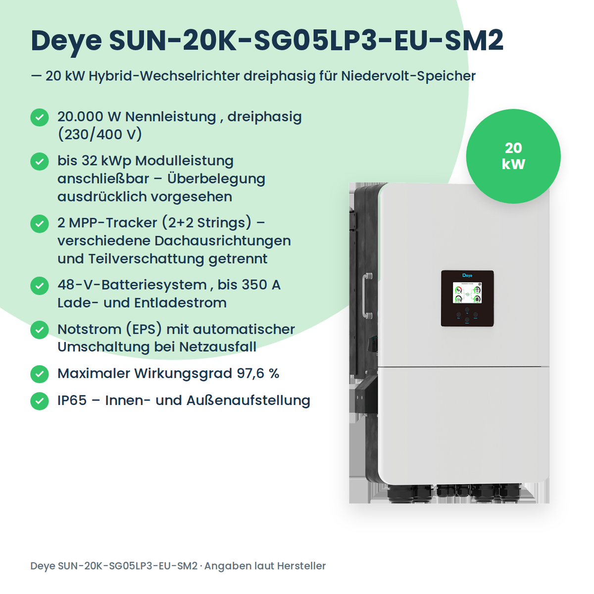 Deye SUN-20K-SG05LP3-EU-SM2 – 20 kW driefasige hybride omvormer voor laagspanningsbatterij