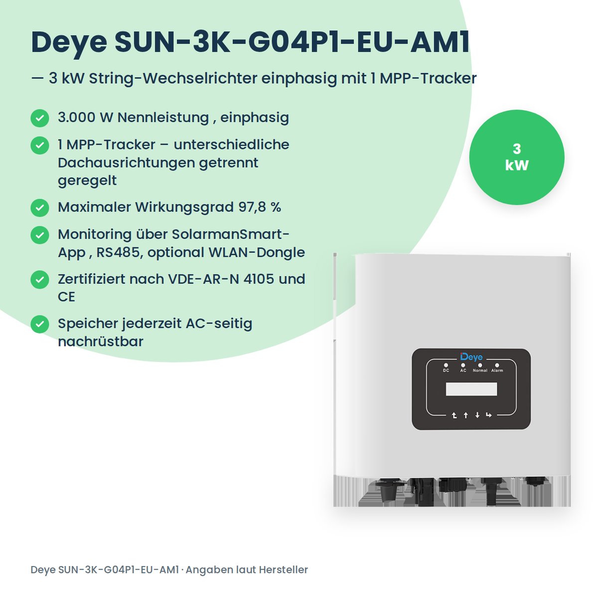Deye SUN-3K-G04P1-EU-AM1 – 3 kW eenfasige stringomvormer met 1 MPP-tracker