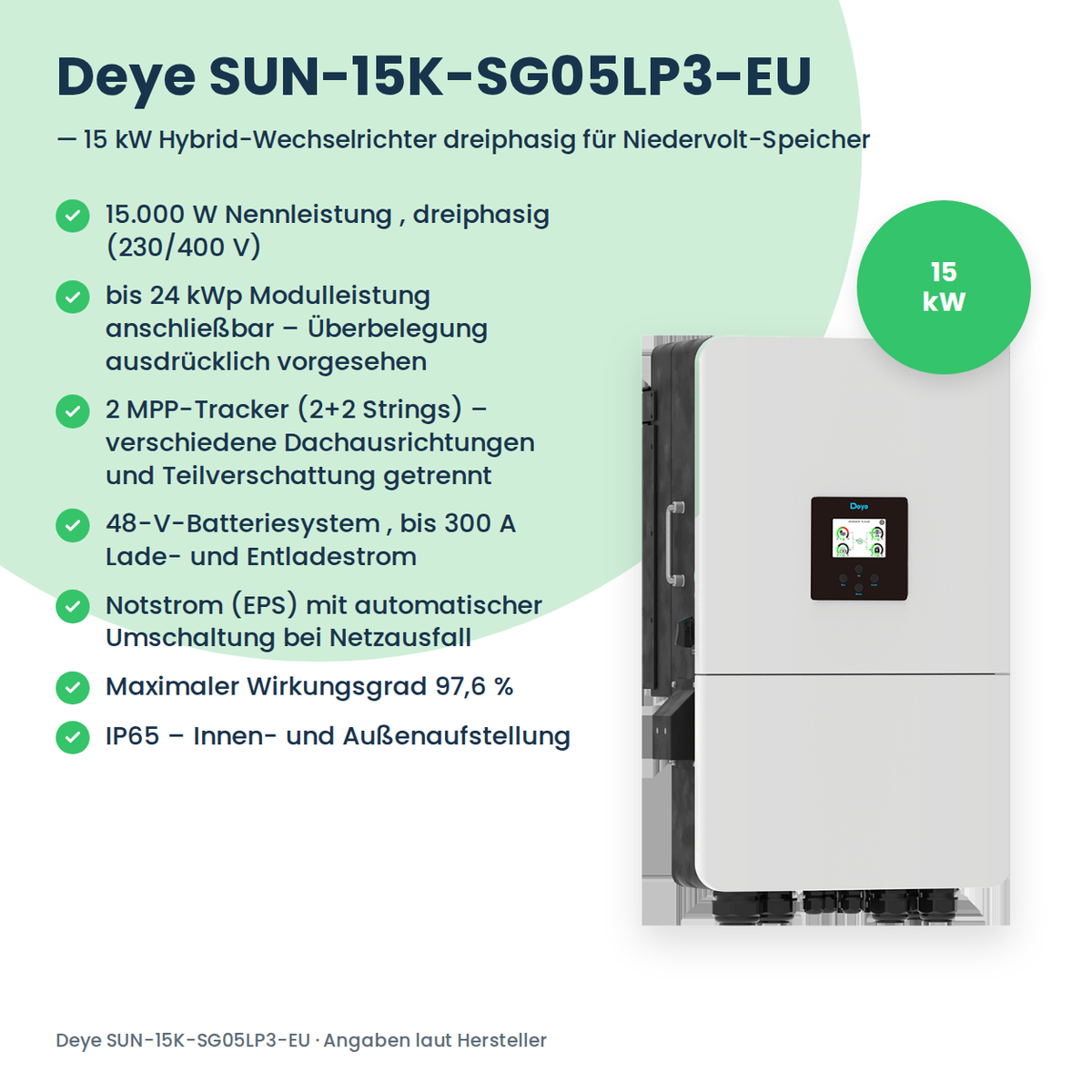 Deye SUN-15K-SG05LP3-EU – 15 kW hybride omvormer driefasig voor laagvolt-thuisbatterij