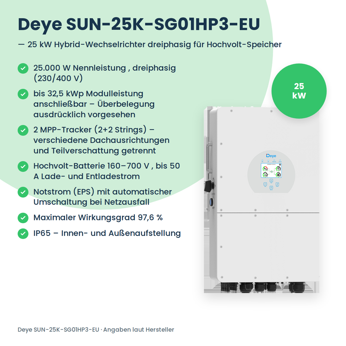 Deye SUN-25K-SG01HP3-EU – 25 kW hybride omvormer driefasig voor hoogspanningsbatterijen