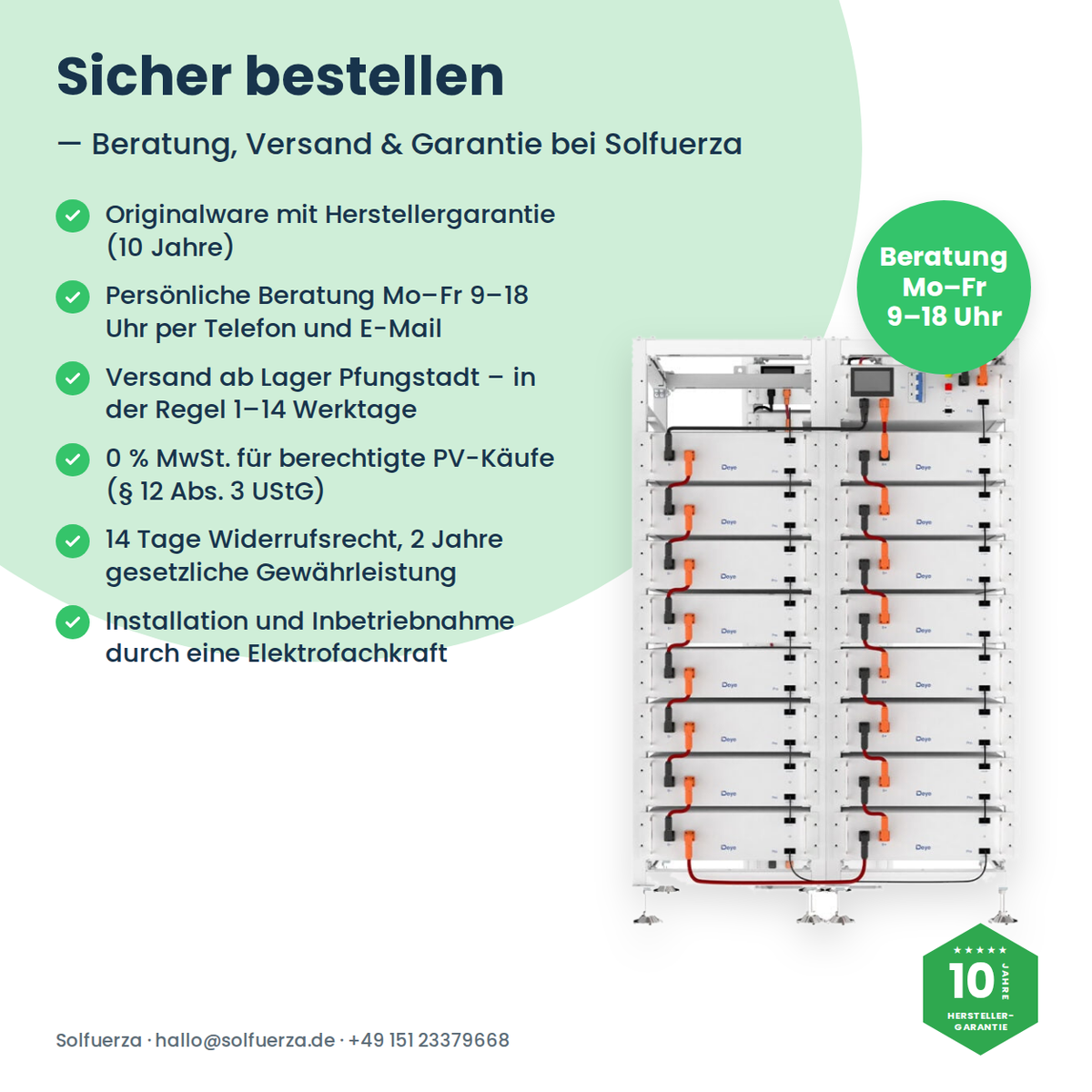 Deye BOS-G Pack 5.1 Pro – Hinweise zu Beratung, Versand und Garantie beim Kauf bei Solfuerza