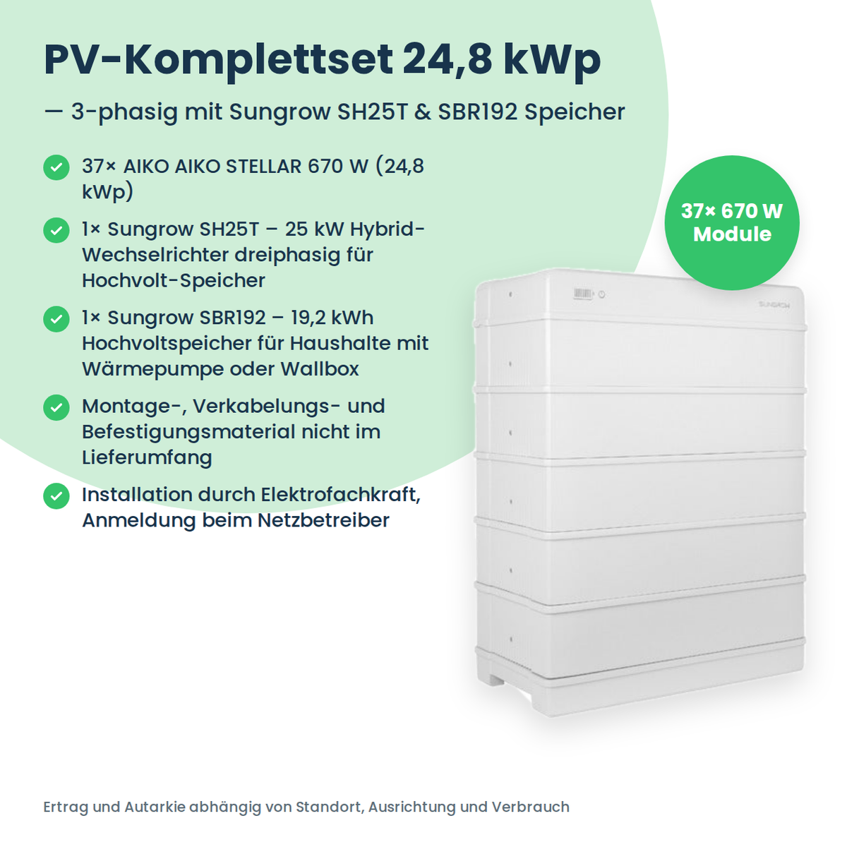 Complete zonnepanelenset 24,8 kWp 3-fasig | 37× AIKO STELLAR 670W + Sungrow SH25T + Sungrow SBR192