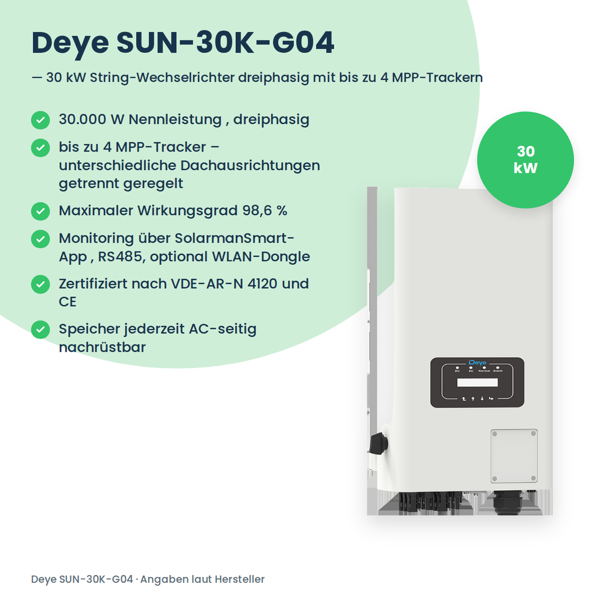 Deye SUN-30K-G04 – 30 kW driefasige string-omvormer met tot 4 MPP-trackers