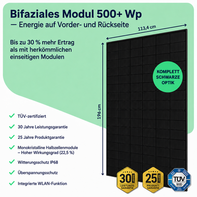 Bifaziales 500-Wp-Solarmodul des Balkonkraftwerks – Energie über Vorder- und Rückseite