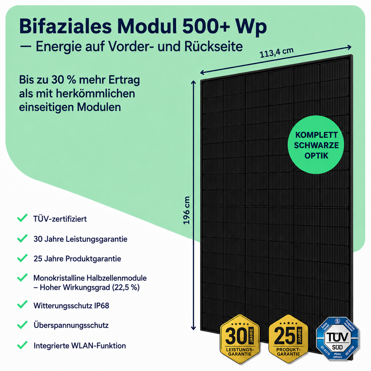 Bifaziales Solarmodul 500+ Wp in Full Black, 196 x 113,4 cm, TÜV-zertifiziert