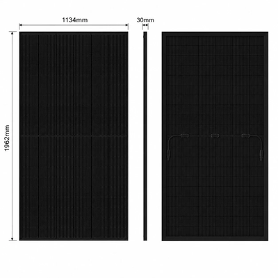 Maßzeichnung des 500-W-Solarmoduls: 1.134 × 1.962 × 30 mm, Vorder- und Rückseite