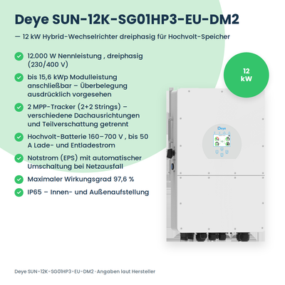 Deye SUN-12K-SG01HP3-EU-DM2 – 12 kW hybride omvormer driefasig voor hoogvolt-thuisbatterij