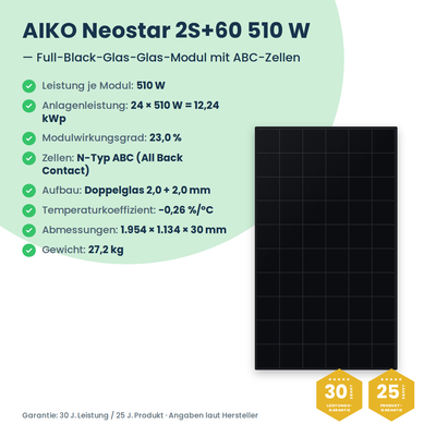 Complete PV-set 12,24 kWp 3-fasig | 24× AIKO Neostar 510W + Deye SUN-12K-SG05LP3 + Deye LV SE-F16-C