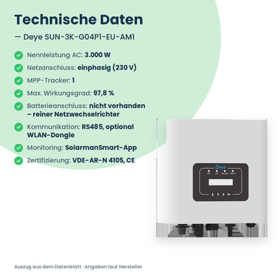 Deye SUN-3K-G04P1-EU-AM1 – 3 kW eenfasige stringomvormer met 1 MPP-tracker