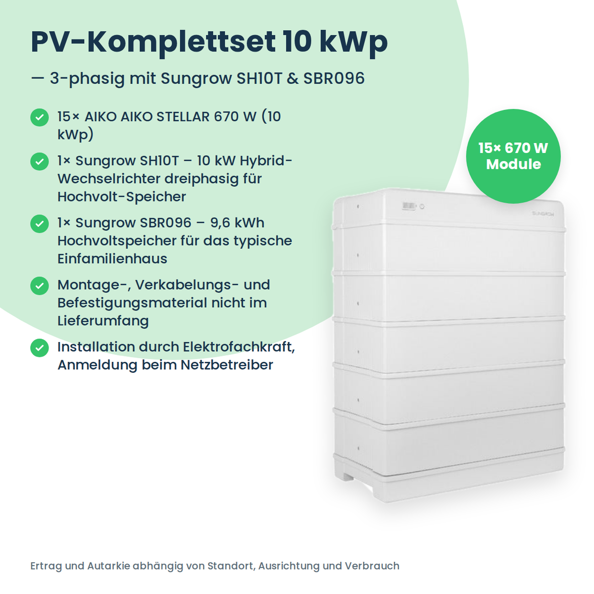 Kit PV complet 10 kWc triphasé | 15× AIKO STELLAR 670W + Sungrow SH10T + Sungrow SBR096
