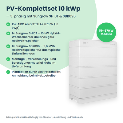 Complete PV-set 10 kWp 3-fasig | 15× AIKO STELLAR 670W + Sungrow SH10T + Sungrow SBR096