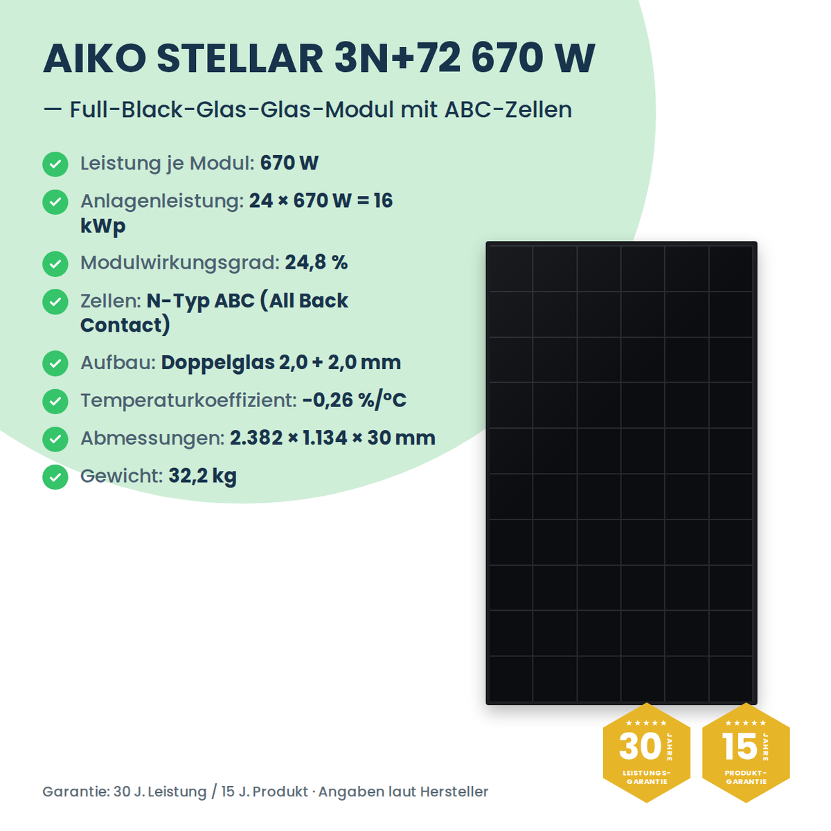 Kit PV complet 16 kWc triphasé | 24× AIKO STELLAR 670W + Sungrow SH15T + Sungrow SBR128