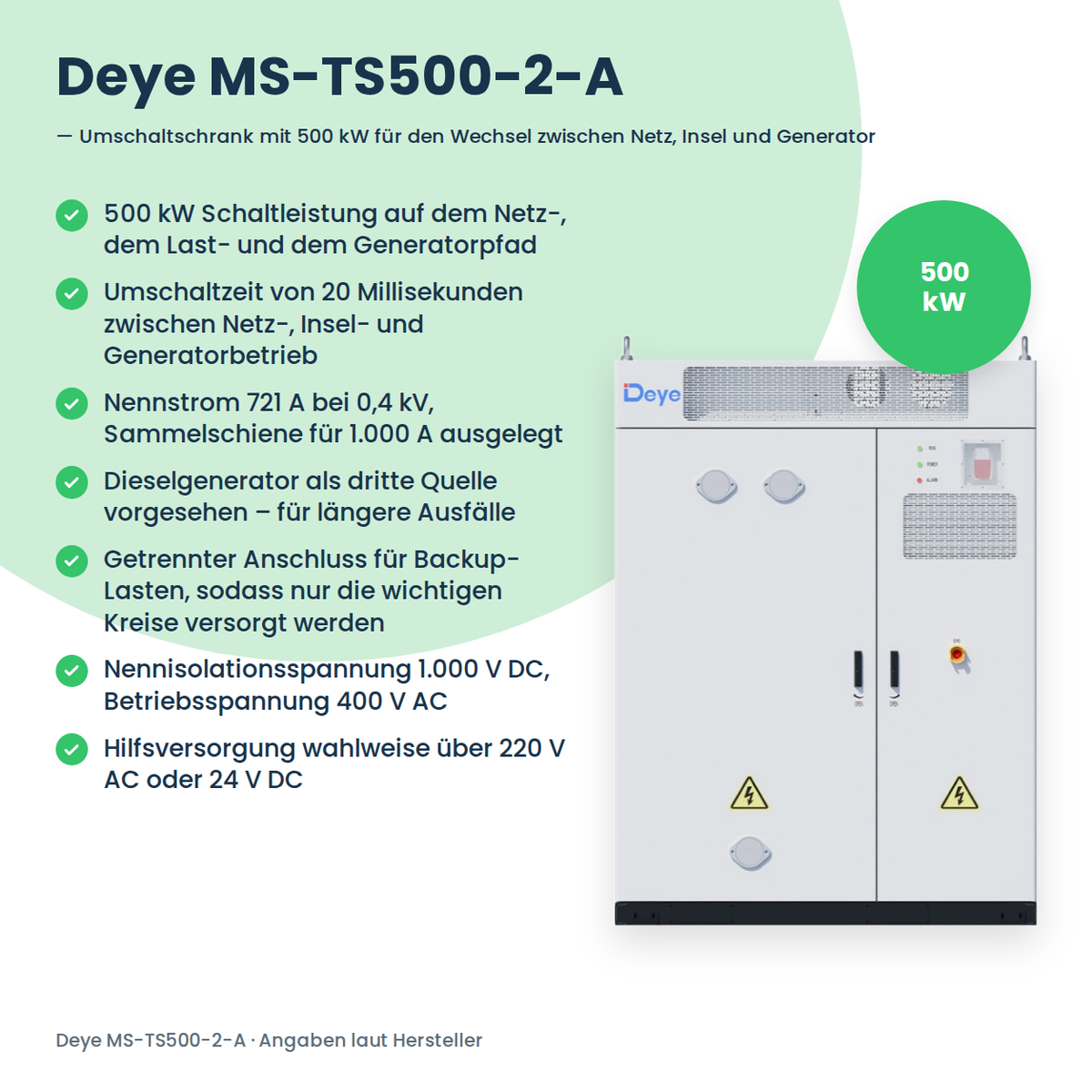 Deye MS-TS500-2-A Umschaltschrank mit Infografik der wichtigsten Vorteile: 500 kW Schaltleistung, 20 ms Umschaltzeit, Generatoranschluss