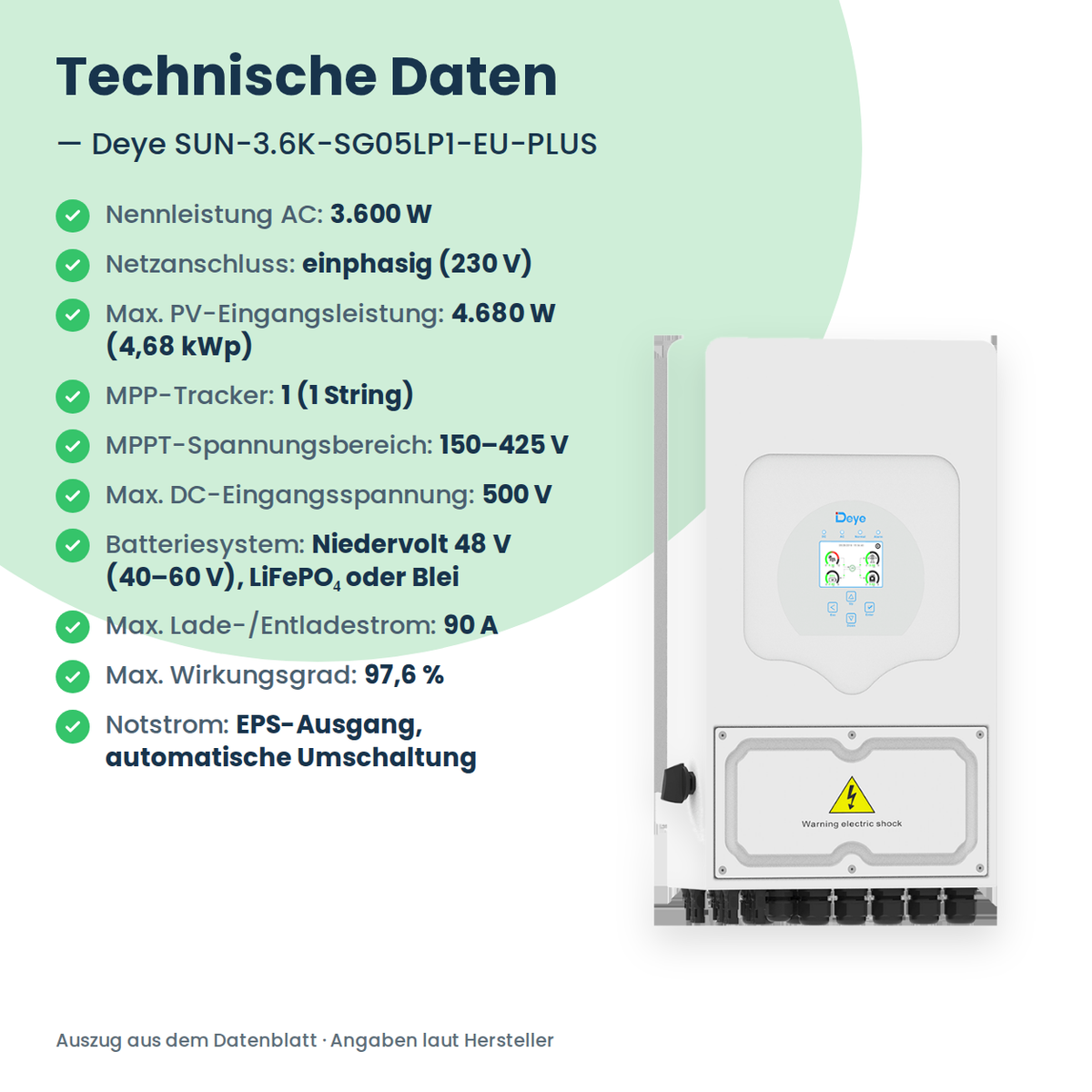 Deye SUN-3.6K-SG05LP1-EU-PLUS – 3,6 kW hybride omvormer eenfasig voor laagvolt-thuisbatterij