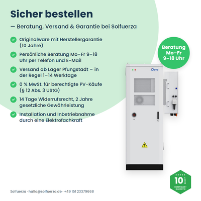 Deye GE-F60 Bestellhinweise von Solfuerza: 10 Jahre Herstellergarantie, Beratung, Versand und 0 % MwSt. nach § 12 Abs. 3 UStG