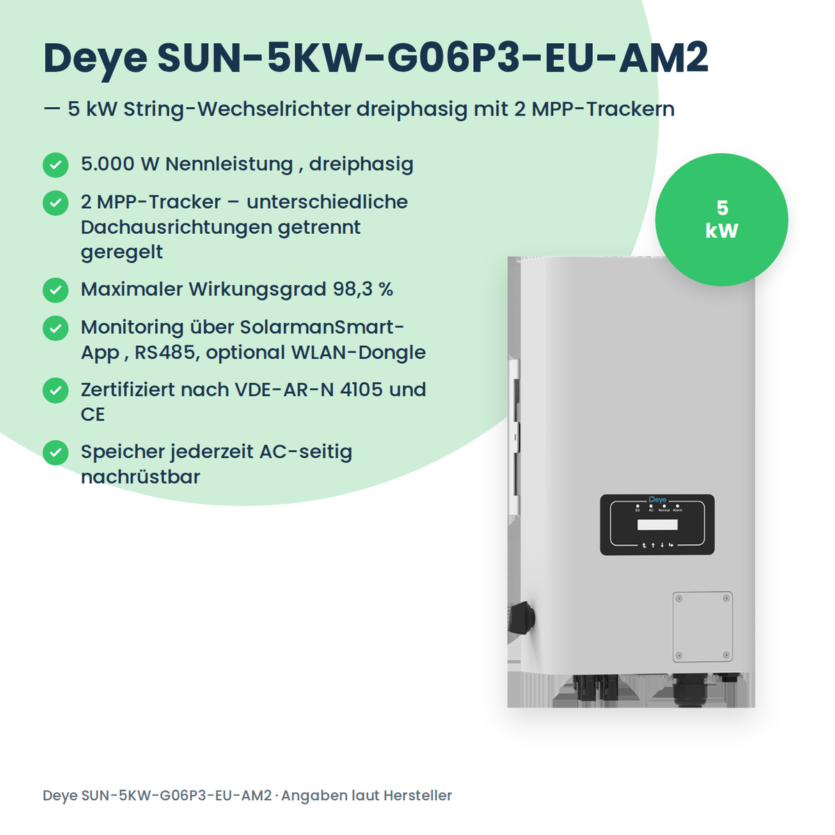 Deye SUN-5KW-G06P3-EU-AM2 – 5 kW stringomvormer driefasig met 2 MPP-trackers