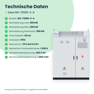 Deye MS-TS500-2-A technische Daten im Überblick: 500 kW auf Netz-, Last- und Generatorpfad, 20 ms Umschaltzeit, 721 A Nennstrom, IP54