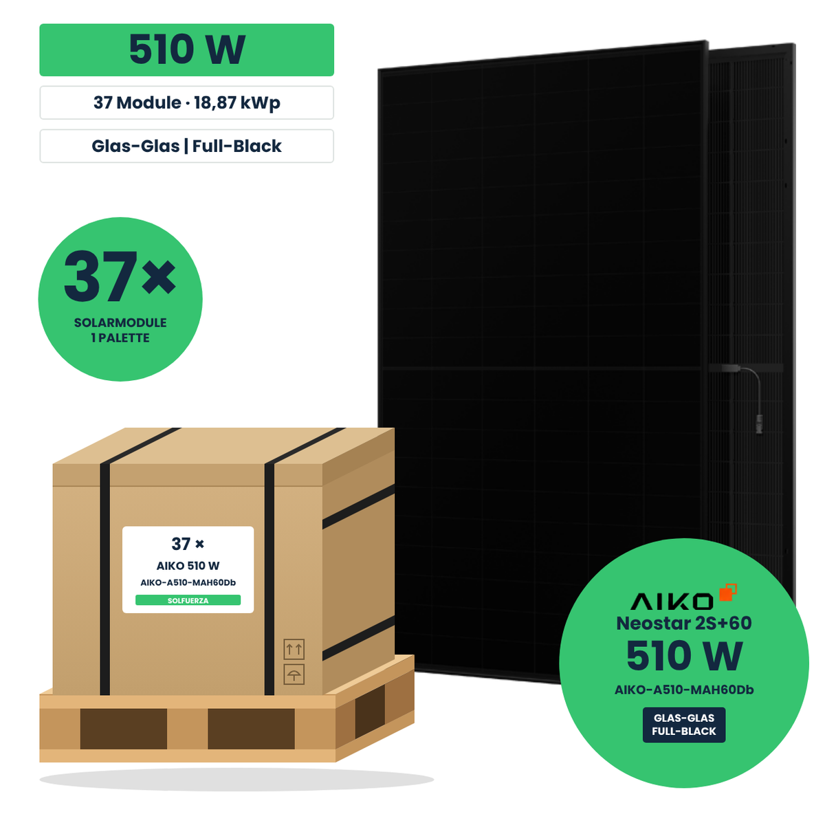 AIKO Neostar 2S+60 510 W Glas-Glas Solarmodul in Full-Black-Optik – Palette mit 37 Stück