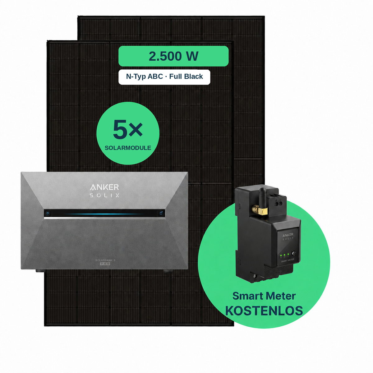 Balkonkraftwerk 2.500 W Komplettset mit 5 Solarmodulen (AIKO 500 W Full Black), Anker SOLIX Solarbank 3 Pro und gratis Smart Meter