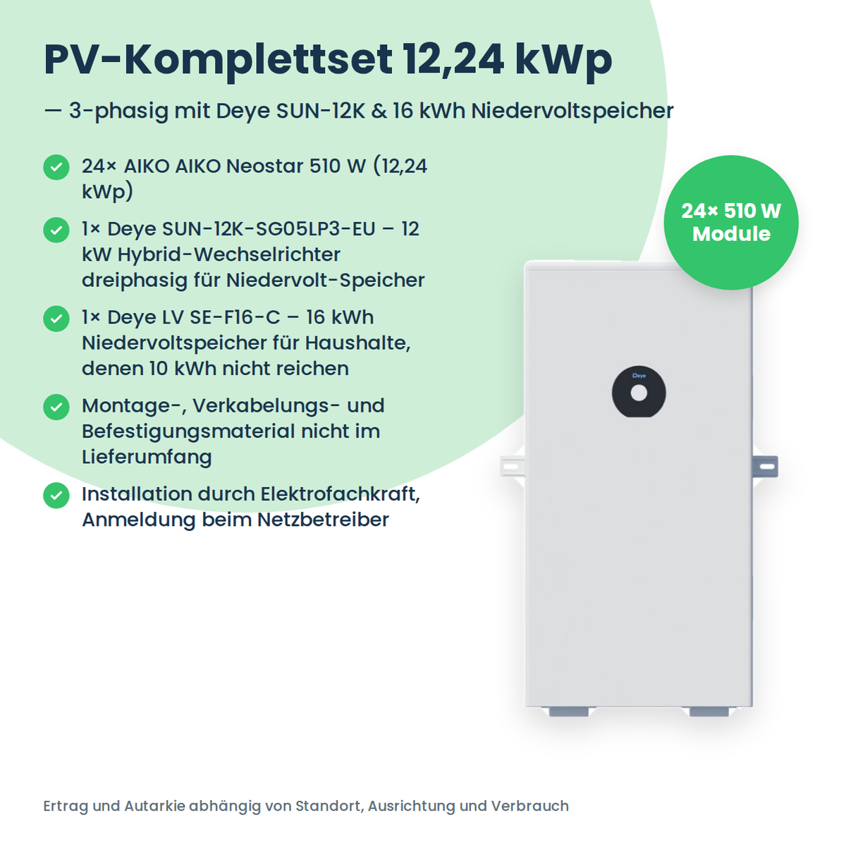 Kit PV complet 12,24 kWc triphasé | 24× AIKO Neostar 510W + Deye SUN-12K-SG05LP3 + Deye LV SE-F16-C