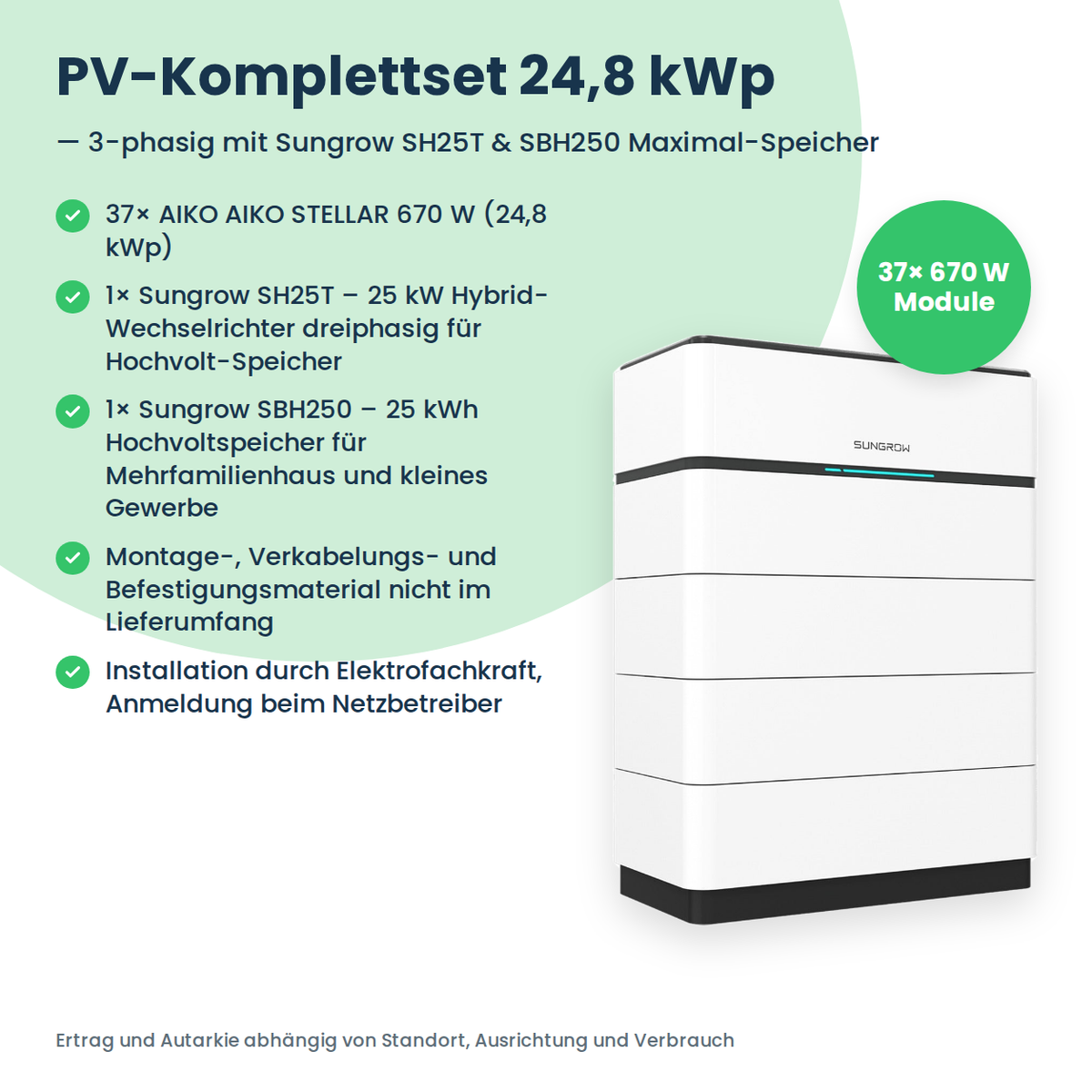 Kit PV complet 24,8 kWc triphasé | 37× AIKO STELLAR 670W + Sungrow SH25T + Sungrow SBH250