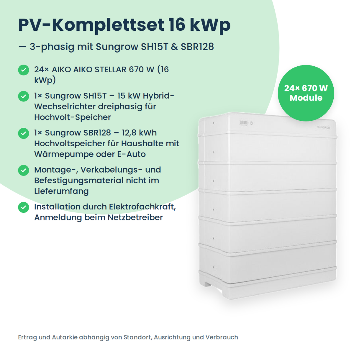 Kit PV complet 16 kWc triphasé | 24× AIKO STELLAR 670W + Sungrow SH15T + Sungrow SBR128