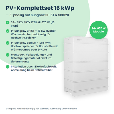 Kit PV complet 16 kWc triphasé | 24× AIKO STELLAR 670W + Sungrow SH15T + Sungrow SBR128