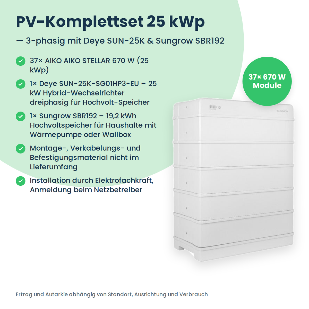 Kit PV complet 25 kWp triphasé | 37× AIKO STELLAR 670W + Deye SUN-25K-SG01HP3 + Sungrow SBR192