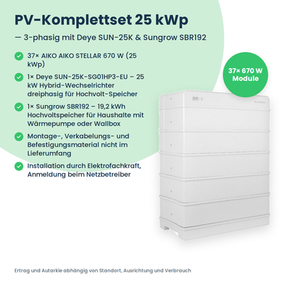 Kit PV complet 25 kWp triphasé | 37× AIKO STELLAR 670W + Deye SUN-25K-SG01HP3 + Sungrow SBR192