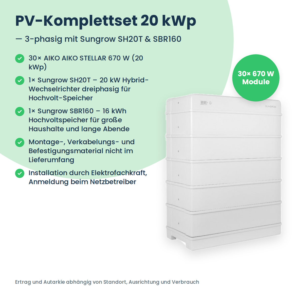 Kit PV complet 20 kWc triphasé | 30× AIKO STELLAR 670W + Sungrow SH20T + Sungrow SBR160