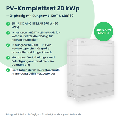 Complete PV-set 20 kWp 3-fasig | 30× AIKO STELLAR 670W + Sungrow SH20T + Sungrow SBR160