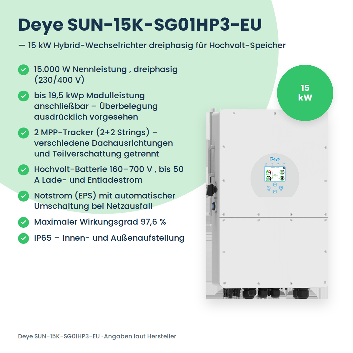 Deye SUN-15K-SG01HP3-EU – 15 kW hybride omvormer driefasig voor hoogspanningsbatterijen