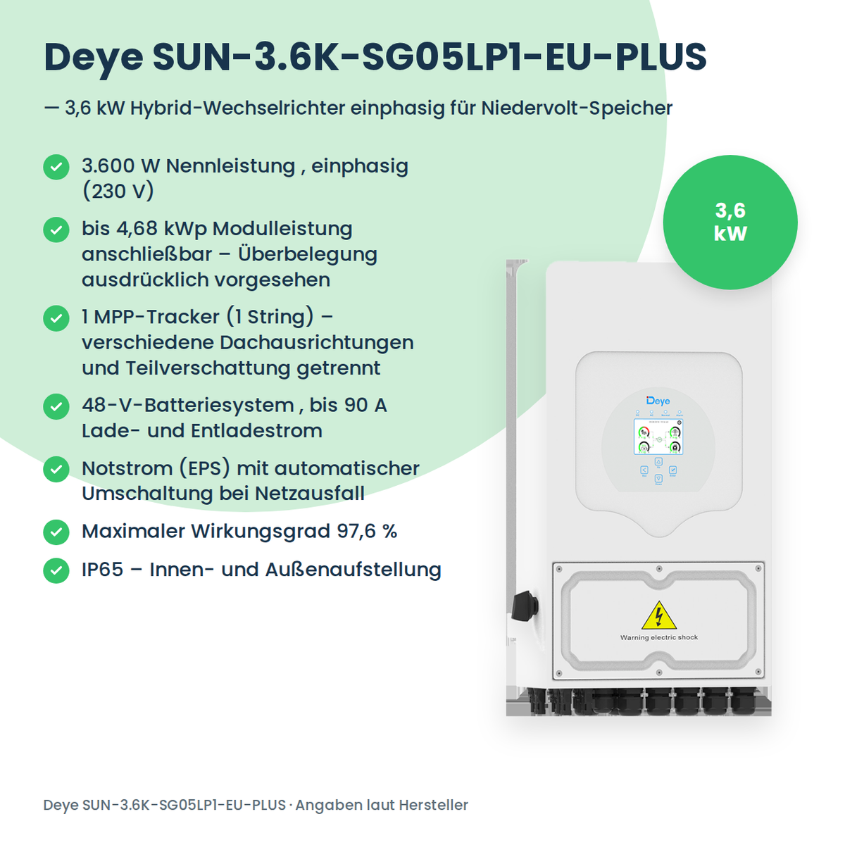 Deye SUN-3.6K-SG05LP1-EU-PLUS – 3,6 kW hybride omvormer eenfasig voor laagvolt-thuisbatterij