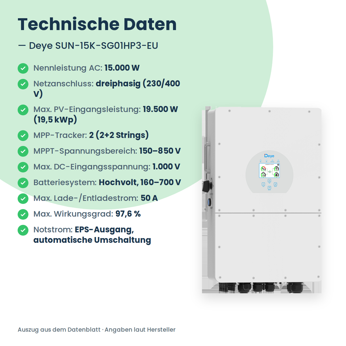 Deye SUN-15K-SG01HP3-EU – 15 kW hybride omvormer driefasig voor hoogspanningsbatterijen