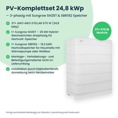 Complete zonnepanelenset 24,8 kWp 3-fasig | 37× AIKO STELLAR 670W + Sungrow SH25T + Sungrow SBR192