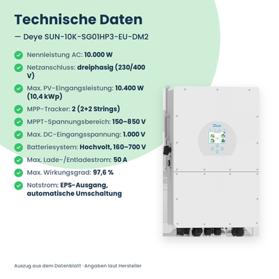Deye SUN-10K-SG01HP3-EU-DM2 – Onduleur hybride 10 kW triphasé pour batterie haute tension