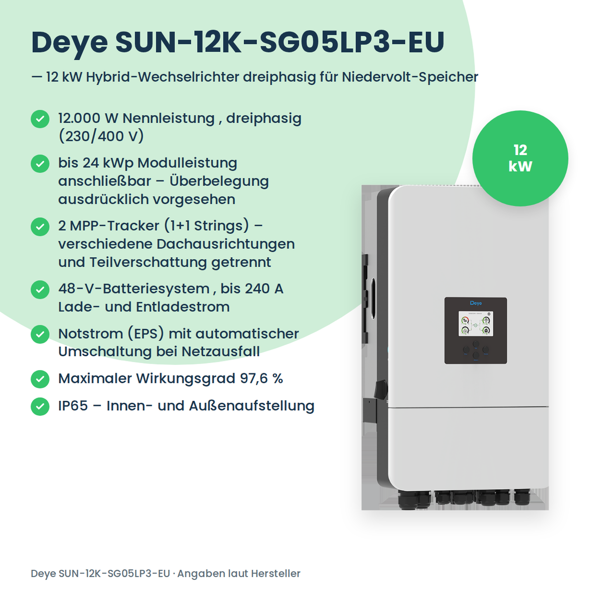 Deye SUN-12K-SG05LP3-EU – 12 kW driefasige hybride omvormer voor laagspanningsbatterijen